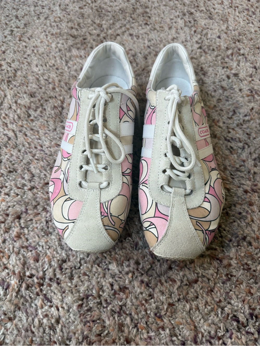 Coach Pink and Cream Signature Pattern Lace-Up Sneakers